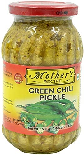 Mothers Green Chili Pickle 500 g (1 Stück) – verlockende Mischung aus grünen Chilis – natürliche Zutaten – traditioneller Geschmack und toller Geschmack für die Gurke von ganaric