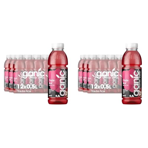 ganic Traube Acai - aromatisiertes Wasser, Vitaminwasser - Magnesium, Vitamin B6 und B12 - Kalorienarm, Vegan (12 x 500 ml) (Packung mit 2) von ganic