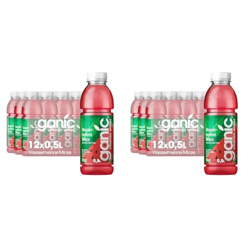 ganic Wassermelone Minze - aromatisiertes Wasser, Vitaminwasser - Isotonisch - Kalorienarm, Vegan - 100% recyceltes PET (12 x 500 ml) (Packung mit 2) von ganic