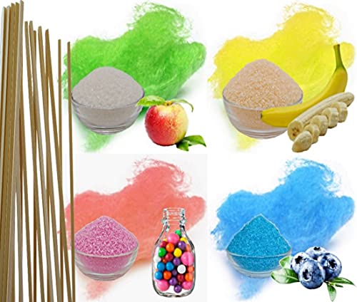 4x100g Aromazucker + 20 Zuckerwattestäbe für bunte Zuckerwatte mit Geschmack | Apfel, Banane, Bubble Gum, Heidelbeere | Farbzucker Zucker für Zuckerwatte Zuckerwattemaschine Zuckerwattezucker von gaumenshop