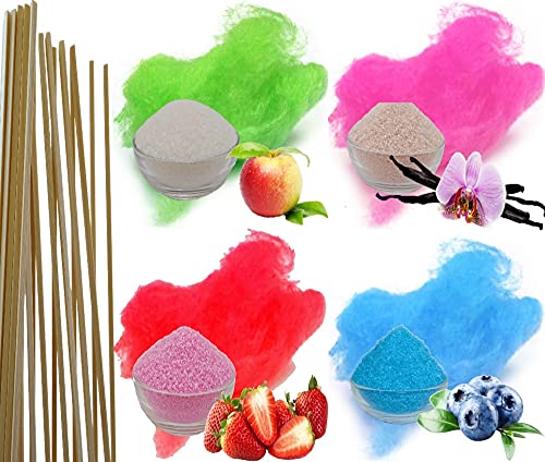 4x100g Aromazucker + 20 Zuckerwattestäbe für bunte Zuckerwatte mit Geschmack | Apfel, Erdbeer, Heidelbeere, Vanille | Farbzucker Zucker für Zuckerwatte Zuckerwattemaschine Zuckerwattezucker von gaumenshop