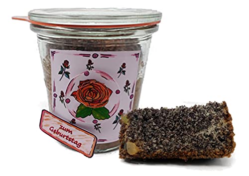 Mohnkuchen mit Geburtstags-Etikett "rote Rosenblüten" (1054) direkt im Glas gebacken mit 120g Inhalt von generisch