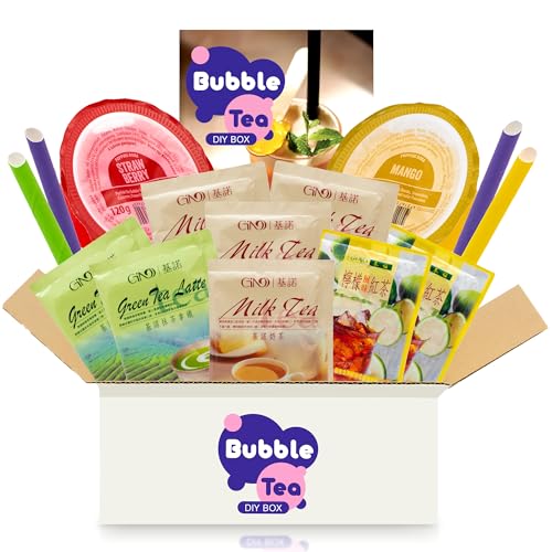 Bubble Tea DIY Set mit Popping Boba - Für 4 Getränke - 15-teiliges Boba Tee Starter Kit - 3 Teesorten (Milchtee, Grüner Tee, Zitronen-Eistee), Fruchtperlen, Strohhalme (Mango & Erdbeere) von getDigital