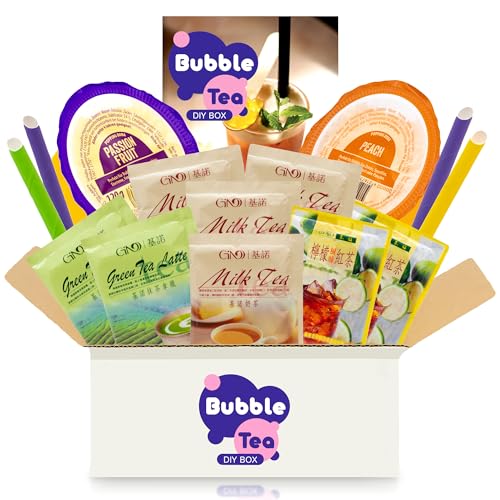 Bubble Tea DIY Set mit Popping Boba - Für 4 Getränke - 15-teiliges Boba Tee Starter Kit - 3 Teesorten (Milchtee, Grüner Tee, Zitronen-Eistee), Fruchtperlen, Strohhalme (Passionsfrucht & Pfirsich) von getDigital