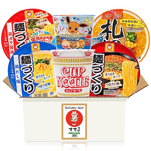 Susuru Box mit japanischen Cup Noodle Ramen - 6 verschiedene Instant-Nudeln und Nudelsuppen aus Japan im Becher, zufällige Mischung aus vielseitigen Geschmacksrichtungen und Sorten - Asia Food Box von getDigital
