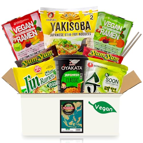 Vegan Nudelstraße Box mit Instant-Nudeln inkl. Essstäbchen - Vegane Gerichte mit Vegan-Label, geprüfte E-Nummern - Mix aus 8 Veggie Ramen Nudelsuppen aus Japan, Korea, Thailand - Vegetarische Food Box von getDigital