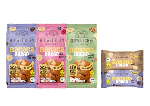 Glowkitchen banana bread mega bundle - alle Sorten/verschiedene Größen - vegan - bio - über 50% weniger Zucker - lange haltbar - mit Dinkel & 30% Banane von glowkitchen we nourish you flourish