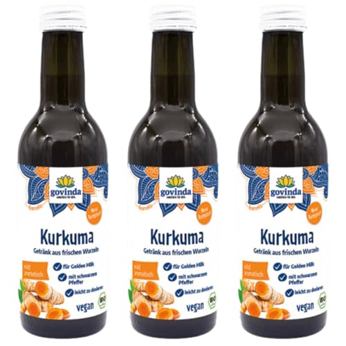 Govinda Bio Kurkumagetränk (3x250ml) | Aus frischen Kurkuma-Knollen | Mit schwarzem Pfeffer | Vegan | Für Golden Milk & Kurkuma Shots | Erfrischend & belebender Geschmack | Indischer Gelbwurz von govinda natürlich für dich.