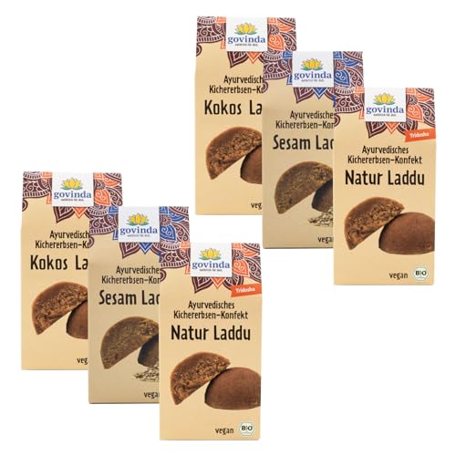 Govinda Bio Laddu Mixed-Box (6x 120g) | Indische Köstlichkeit | Ayurvedisches Kichererbsen-Konfekt | Vegan & Glutenfrei | 3 leckere Geschmacksrichtungen: Natur/Sesam/Kokos von govinda natürlich für dich.