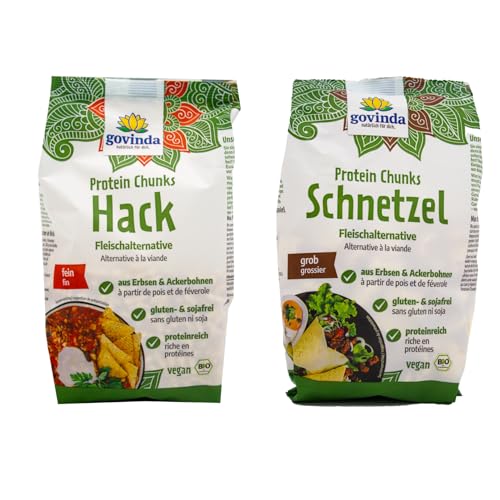 Govinda Bio Protein Chunks Mix (2x125g Schnetzel & 2x125g Hack) | Veganer Fleischersatz | Aus Erbsen & Ackerbohnen | Soja- & Glutenfrei | Proteinreich | Ideal für veganes Gulasch & vieles mehr von govinda natürlich für dich.