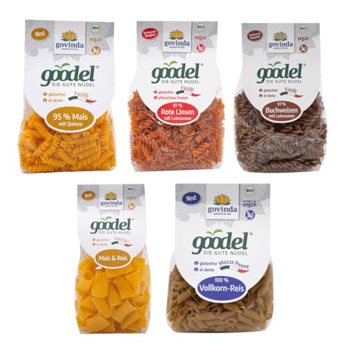 Govinda goodel Mixed Box (5x250g) - Die gute Nudel in 5 leckeren Sorten zum Probieren & Verlieben | Glutenfrei | Bio & Vegan | Mais | Rote Linsen | Buchweizen | Vollkorn-Reis | Quinoa | Leinsamen von govinda natürlich für dich.