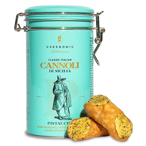 Greenomic - Cannoli-Siciliani - 200g - gefüllt mit zarter Pistazien-Cremefüllung - einzeln verpackt in charmanter Geschenkdose zum Aufbewahren - italienisch-sizilianisches-Gebäck zu Kaffee & Tee von greenomic