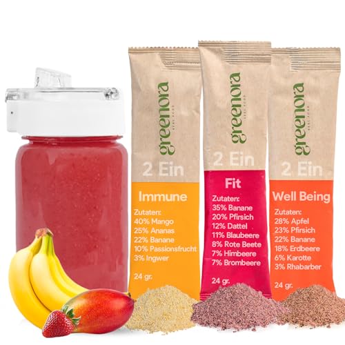 GREENORA Shaker +Smoothie Bowl Fruchtpulver Gefriergetrocknete Vegan. Erdbeere Mango Rote Bete Himbeeren Maulbeeren Ananas Banane Trockenobst 6x24g von greenora