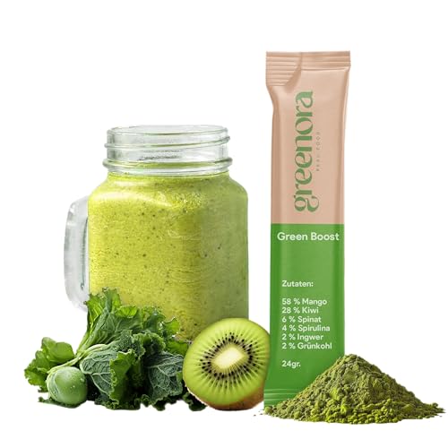 GREENORA Superfoods Green Powder Spirulina, Spinat, Ingwer, Grünkohl, Mango, Kiwi Smoothie Bowl Pulver. 100% Natürlich. Gefriergetrocknetes. 10 EH von greenora