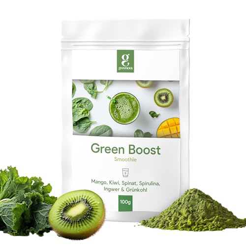 GREENORA Superfoods Green Powder Spirulina, Spinat, Ingwer, Grünkohl, Mango, Kiwi Smoothie Bowl Pulver. 100% Natürlich. Gefriergetrocknetes (Greenboost Doypack 100 g) von greenora