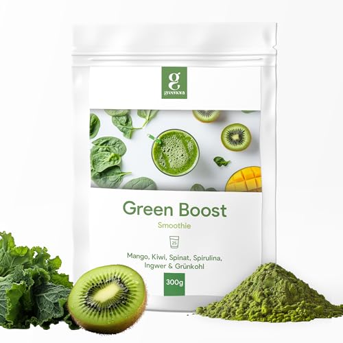 GREENORA Superfoods Green Powder Spirulina, Spinat, Ingwer, Grünkohl, Mango, Kiwi Smoothie Bowl Pulver. 100% Natürlich. Gefriergetrocknetes. 300g von greenora