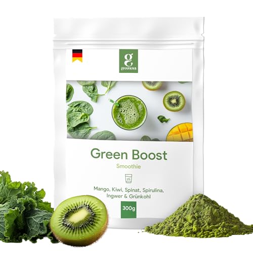 GREENORA Superfoods Green Powder Spirulina, Spinat, Ingwer, Grünkohl, Mango, Kiwi Smoothie Bowl Pulver. 100% Natürlich. Gefriergetrocknetes. 300g von greenora