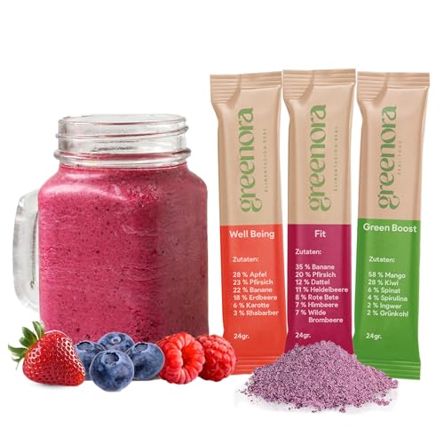 GREENORA Veganer Smoothie Gefriergetrocknetes Fruchtpulver 100% Natürlich. Dehydriert. Erdbeere Apfel Ingwer Mango Rote Bete Spirulina. Ohne Zuckerzusatz 9x24g von greenora