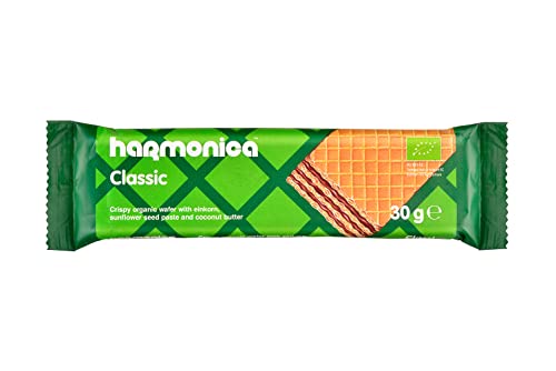 Harmonica Bio Waffel Sonnenblume Tahini | Bio Zertifiziert | Einkorn, Sonnenblume Tahini, Kokosnussbutter, Rohrohrzucker, Kakao mit niedrigem Fettgehalt (20x30g) von harmonica