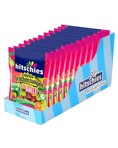 hitschies Saure Drachenzungen brizzl Bälle - Mega Saure Knackige Hülle -Süßes Fruchtgummi - Sorten: Pfirsich, Erdbeere, Apfel, Kirsche - Vegan - 12 x 100g von hitschie's