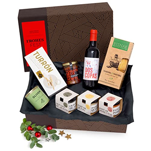 Präsentbox Frohes Fest - Weihnachtliches Feinkost-Geschenk mit Rotwein, Turrón, edlen Patés, Oliven und getrockneten Tomaten | Für Feinschmecker | Von jamon.de von jamon.de