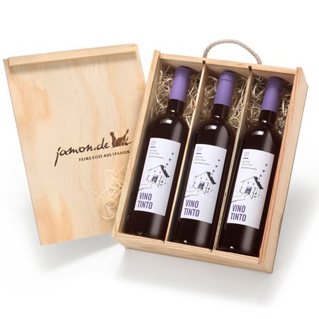 Weingeschenk TINTO | Drei Rotweine aus Spanien | Geschenkfertig verpackt in rustikaler Holzkiste | D.O. Utiel-Requena | 4 Monate Barrique gereift | Trocken, fruchtig von jamon.de