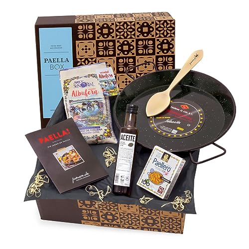 jamon.de PAELLA-BOX mit Paella-Pfanne, Reis, Olivenöl, Safran-Gewürz, Löffel & Rezeptkarte - geschenkfertig in Präsent-Box geliefert von jamon.de