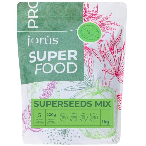 Superfood-Kernmischung 1 kg – 5 x 200 g mit Sonnenblumen-, Flachs-, Hanf-, Chia- und Kürbiskernen – ballaststoffreich, Omega-3- und proteinreiches Superfood für Smoothies, Salate und Snacks von jorus