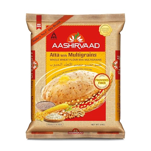 Kajal Aashirvaad Atta mit Mehrkornmehl 5 kg Packung - Shudh Chakki Atta, ballaststoffreiches Weizenmehl mit Soja, Channa, Hafer, Mais und Flohsamenschalen von kajal