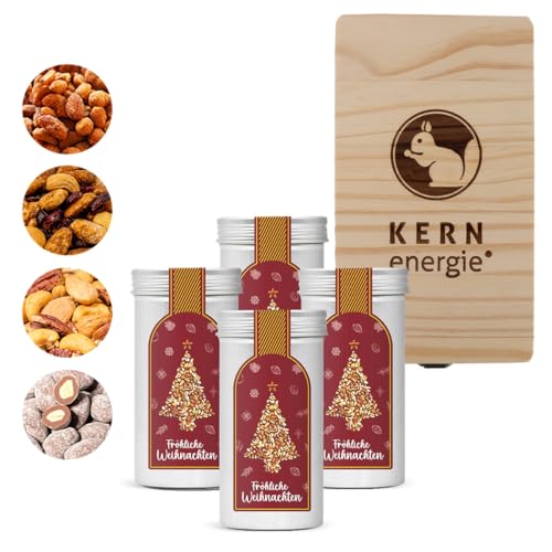 KERNenergie Nuss Geschenk Set - weihnachtliche Premium Nüsse - 4 Nuss- und Schokoladen Snacks zu Weihnachten - Weihnachts-Geschenk Nussmischungen in edler Geschenkbox von kern-energie