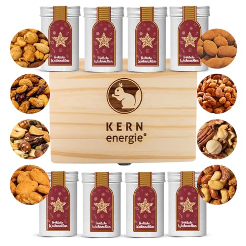 KERNenergie Nuss Geschenk Set - weihnachtliche Premium Nüsse - 4 Nuss- und Schokoladen Snacks zu Weihnachten - Weihnachtsgeschenke für Männer und Frauen (Holzbox medium) von kern-energie