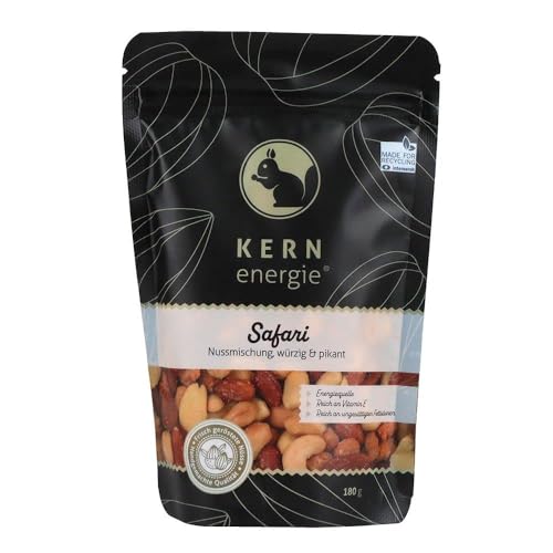 KERNenergie Nussmischung Safari im Flowpack - Pikanter Nussmix - Gemischte Nüsse mit Erdnüssen, Cashews, Mandeln und Katjang Pedis, 180g von kern-energie