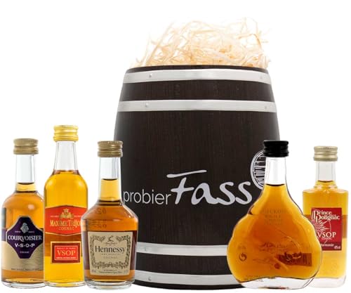 probierFass Cognac Geschenk | 5 Cognac Klassiker (4 x 0.05l - 1 x 0.03l) verpackt in einem originellen Fass mit Geschenkverpackung von kidsnado D