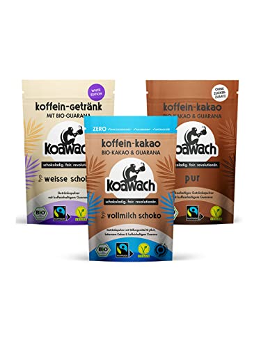 koawach Koffein Kakao Trio — Vegan & Bio leckere Trinkschokolade mit Koffein aus Guarana. Von herb bis süß - 1x Pur 1x Vollmilch Schoko 1x Weisse Schoko Pulver (3x100g) von koawach