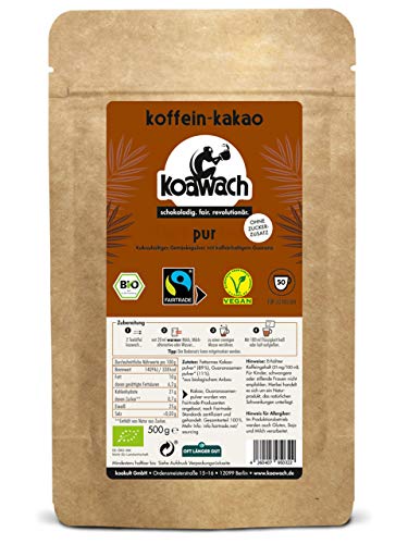 Koawach Pur Kakaopulver Trinkschokolade – Koffein Kakao Zuckerfrei Guarana Vegan heiße Schokolade Getränk ohne Zucker Energy Drink Backkakao Bio Fairtrade 500g von koawach