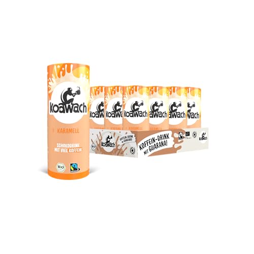 koawach Schoko Drink in versch. Geschmacksrichtungen – Trinkschokolade Koffein Kakao Getränk Dose Guarana Schokolade Energy Drink Bio Fairtrade (12 x 235 ml) (12 x 235ml, Karamell) von koawach