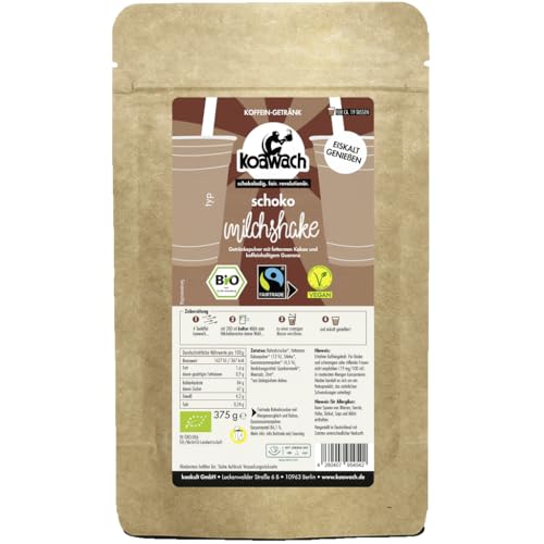 koawach Schoko Milchshake Pulver 375g - Bio, Vegan, Fairtrade - Koffein aus Guarana - Schokoladig lecker - Energielieferant & kühlender Genuss für jeden Tag - Perfekt für heiße Tage (ca. 19 Portionen) von koawach