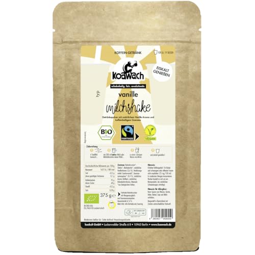 koawach Vanille Milchshake Pulver 375g - Bio, Vegan, Fairtrade - mit Koffein aus Guarana - Vanilletraum im Glas - Perfekt für Smoothies und Desserts - Cremig und Aromatisch (ca. 19 Portionen) von koawach