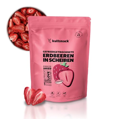 KULTSNACK Gefriergetrocknete Erdbeerscheiben – 100g – Getrocknete Erdbeeren – Als Snack & für Müslis – Süßigkeiten Ersatz – ohne Zuckerzusatz – Pure Frucht (Vegan, Glutenfrei) von kultsnack