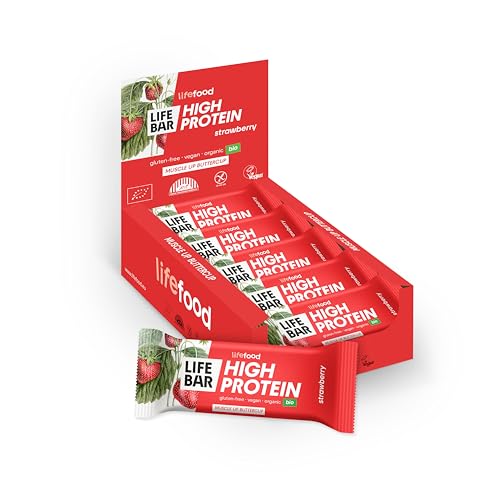 Lifefood Lifebar Protein Riegel, Protein Bar, Eiweißriegel Snack, BIO Vegan, Glutenfrei, Laktosefrei, Ohne Zuckerzusatz, Biologisch angebaut - 15er Pack (15 x 40 g) (Erdbeere) von lifefood