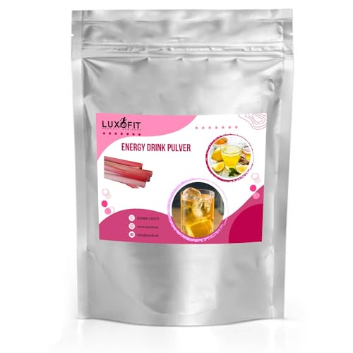 Luxofit Rhabarber Energy Drink Pulver, allergenfrei, Koffeinhaltiges Getränkepulver, Geschmacksintensiv, natürliche Farbstoffe, schnelle und einfache Zubereitung (1 Kg) von luxofit