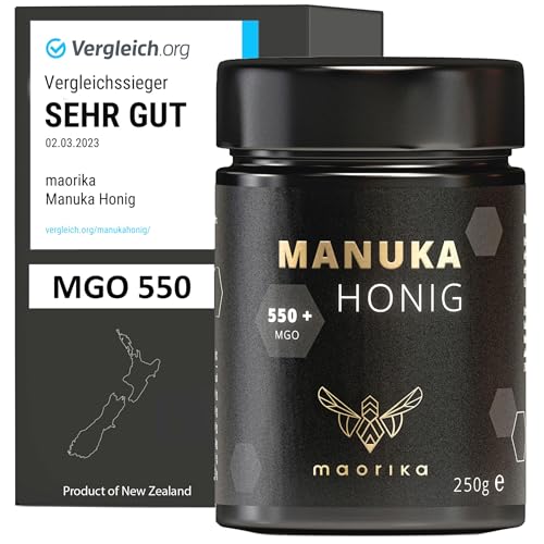 maorika - Manuka Honig 550 MGO + 250g im Glas (lichtundurchlässig, kein Plastik) - laborgeprüft, zertifiziert aus Neuseeland von maorika