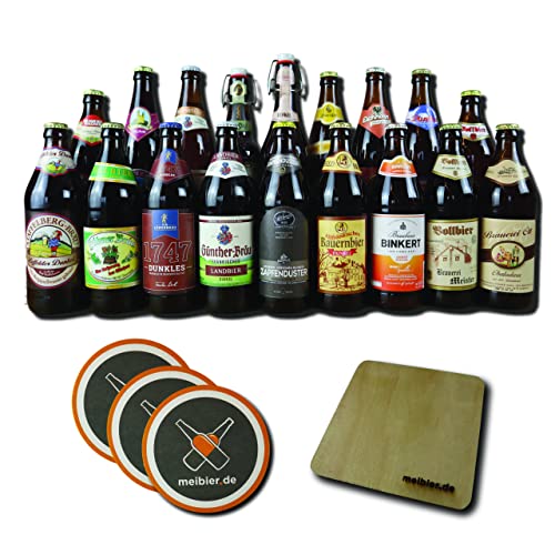 meibier© Dunkle Bier Box aus Franken,18x 0,5 Liter fränkisches Bier + Holz Untersetzer + 3x Bierfilz, tolles Bier Geschenk, Bierbox, Bierpaket von meibier.de