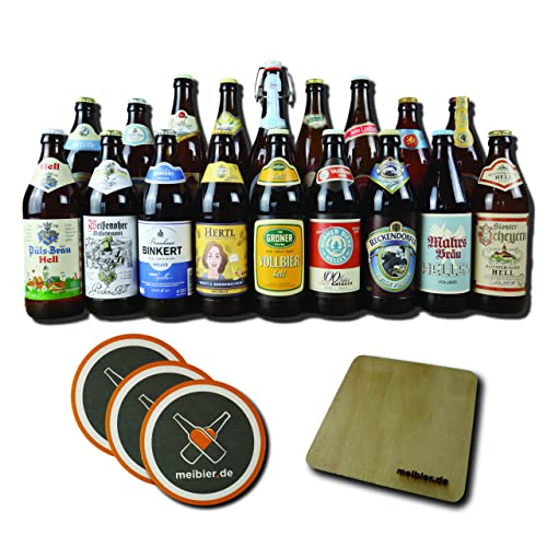 meibier© Helle Biere - Bier Box aus Franken, 18x0,5 Liter fränkisches Bier + Holz Untersetzer + 3x Bierfilz, tolles Bier Geschenk, Bierbox, Bierpaket von meibier.de