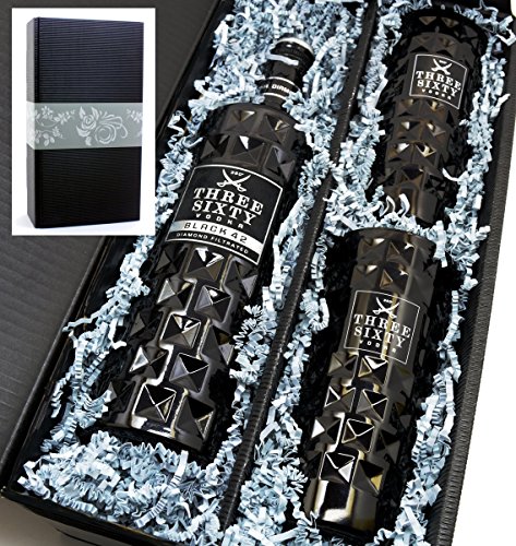 Geschenkkarton mit Three Sixty Vodka BLACK 42% 0,7l und 2 Gläsern"Black" 0,3l von meinglas24