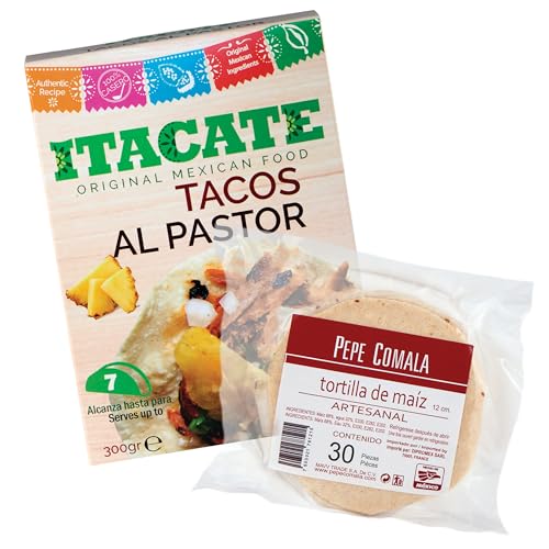 Carne al Pastor und Maistortillas - Fertigessen (Set aus 2 Artikel) – 1 St. Carne al Pastor (Schweinefleisch) Itacate 300 g und 1 St. Weiße Maistortillas 12 cm Pepe Comala (ca. 500g) - 100% Mexiko von mexhaus