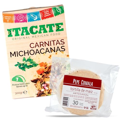 Carnitas und Maistortillas - Fertigessen (Set aus 2 Artikel) – 1 St. Carnitas Michoacanas (Schweinefleisch) Itacate 300 g und 1 St. Weiße Maistortillas 12 cm Pepe Comala (ca. 500g) - 100% Mexiko von mexhaus