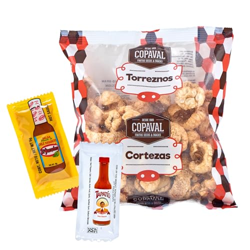 Chicharron-Cortezas Copaval 100 g – plus 2 Päckchen (je 5 g) der Rote Salsa El Yucateco und Hot Sauce El Tapatio - 100% Mexiko – authentischer mexikanischer Geschmack von mexhaus