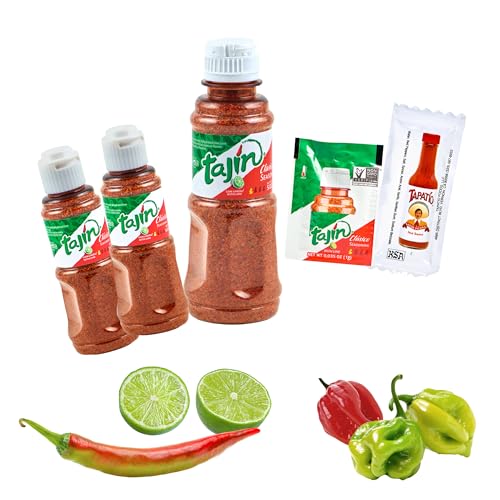 Chili-Limette Gewürzmischung Tajin und Sauce probe Set (5er pack) 2 Stk. Mexikanische Limette-Gewürzpulver Tajin 45 g und 1 Stk. 142 g, 1 Beutel El tapatio salsa und 1 Beutel Limette-Gewürzpulver. von mexhaus