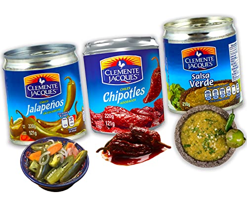 Chipotle Chili, Jalapenos eingelegt und Salsa Verde von Clemente Jacques - (Pack von 3) je 220g - Klassiker 100% aus Mexiko von mexhaus